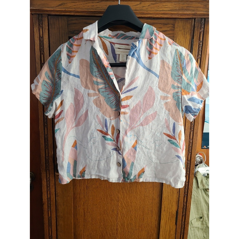 Cynthia Rowley Crop Top 100% Linen Tropical Button Down White Floral Shirt Med